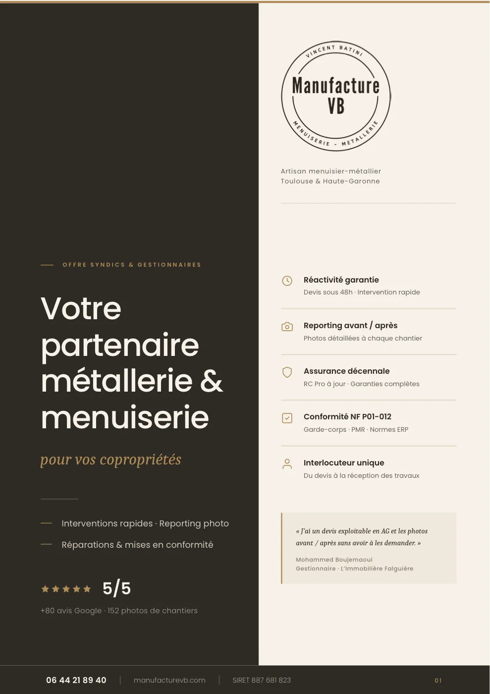 Couverture de la plaquette ManufactureVB pour les syndics et gestionnaires de copropriété : votre partenaire métallerie et menuiserie